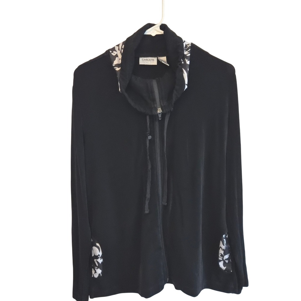 Chicos Travelers Jacket Womens 2 Black Excellent Ribbed Zip Up Hooded Floral
